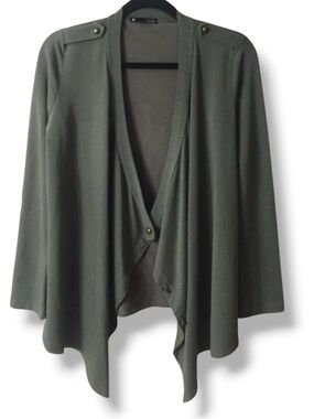 KRISA Green Draped-Front Cardigan Epaulette Detail Elbow Patches Size Small